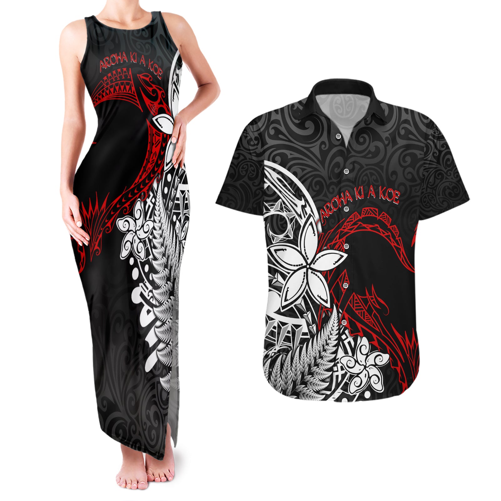 New Zealand Aotearoa Valentine Couples Matching Tank Maxi Dress and Hawaiian Shirt Couple Maori Aroha Ki a Koe Ver.02 LT7 Black - Polynesian Pride