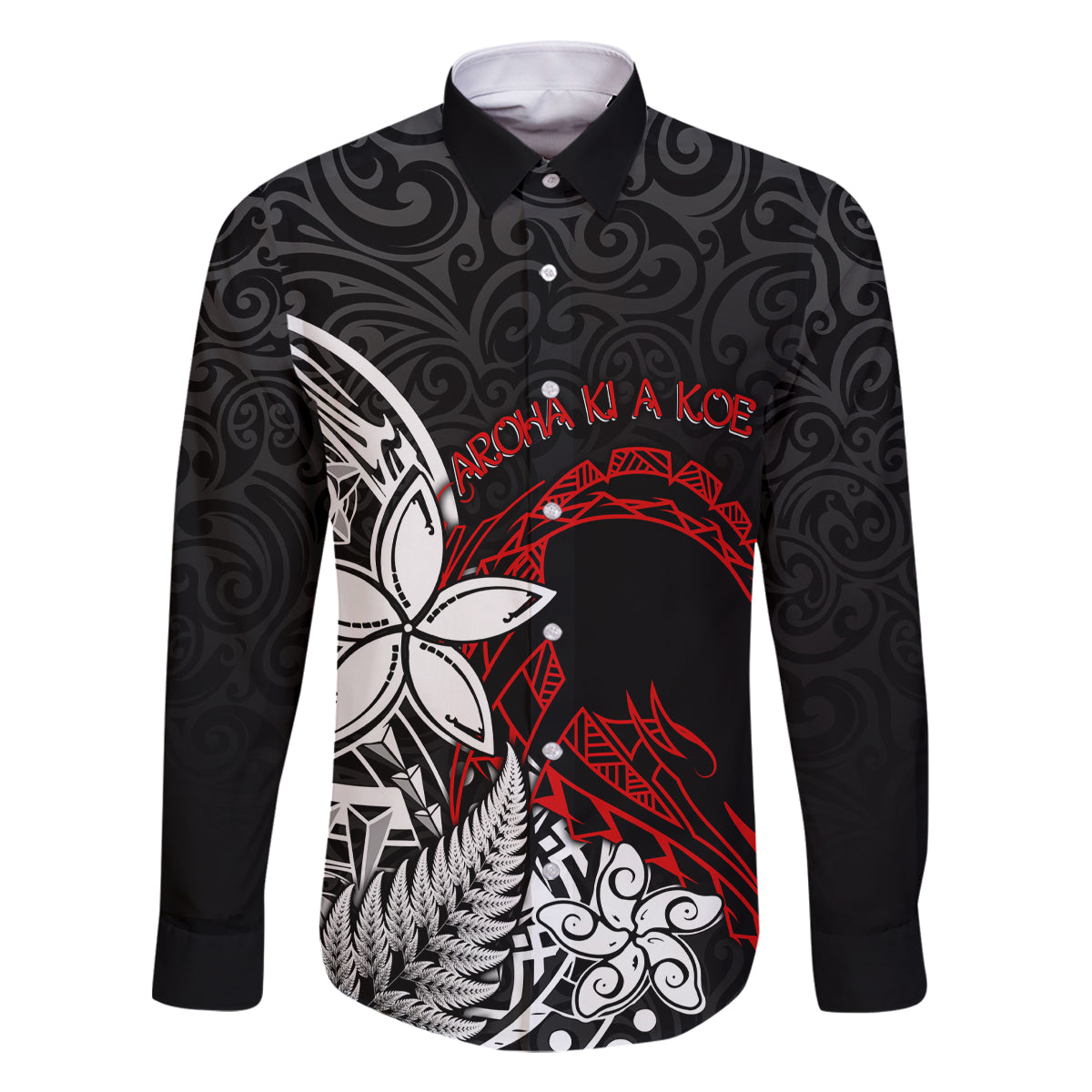 New Zealand Aotearoa Valentine Family Matching Off Shoulder Maxi Dress and Hawaiian Shirt Couple Maori Aroha Ki a Koe Ver.02 LT7 Dad's Shirt - Long Sleeve Black - Polynesian Pride