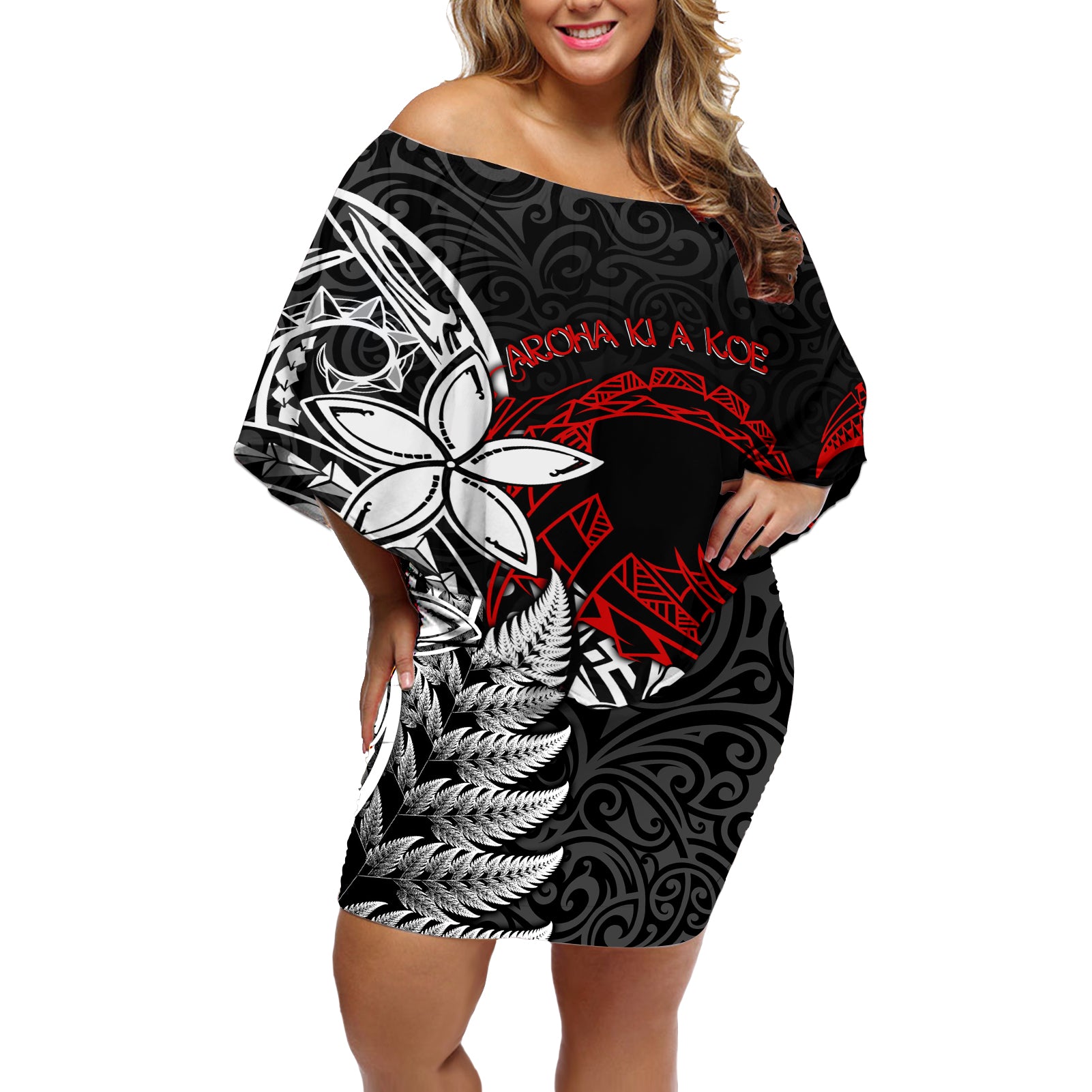 New Zealand Aotearoa Valentine Off Shoulder Short Dress Couple Maori Aroha Ki a Koe Ver.02 LT7 Women Black - Polynesian Pride