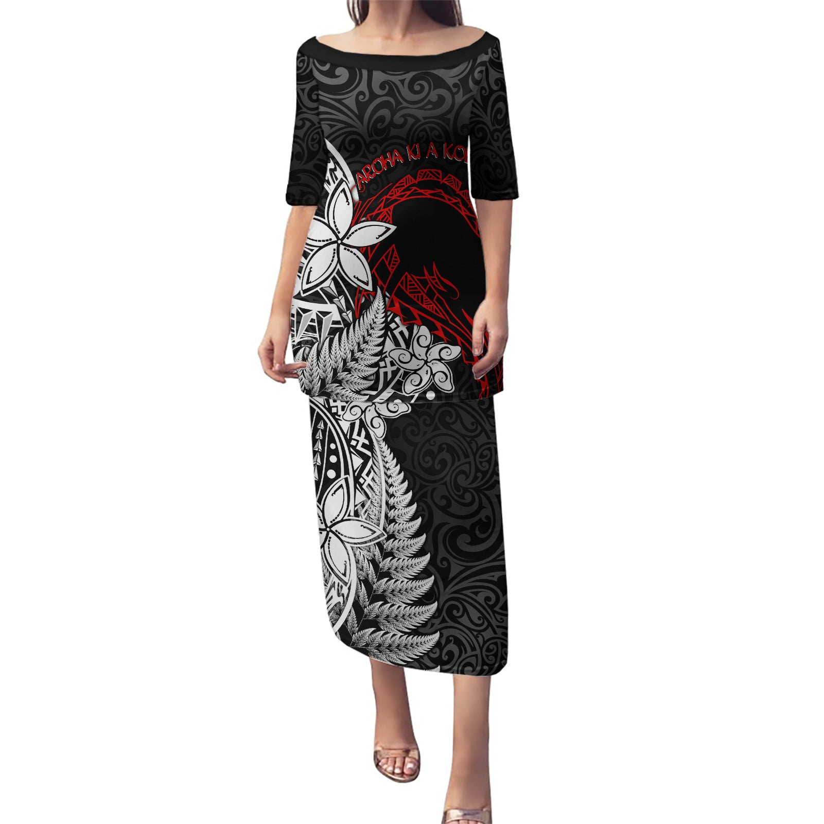 New Zealand Aotearoa Valentine Puletasi Couple Maori Aroha Ki a Koe Ver.02 LT7 Long Dress Black - Polynesian Pride