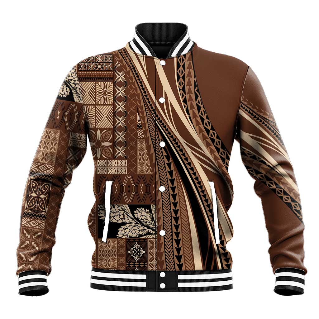 Pasifika Women's Day - Samoa Siapo Malu Tattoo Inspired Baseball Jacket Brown LT7 Unisex Brown - Polynesian Pride