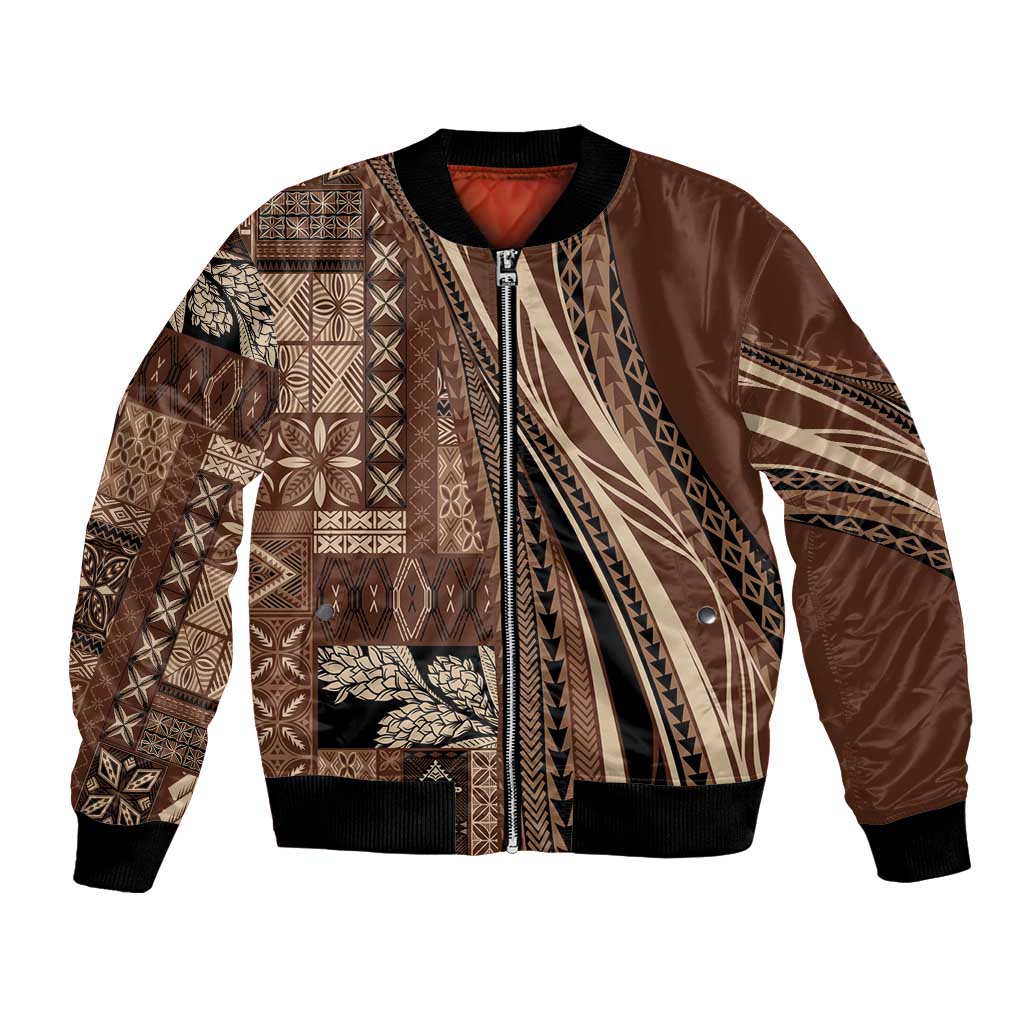 Pasifika Women's Day - Samoa Siapo Malu Tattoo Inspired Bomber Jacket Brown LT7 Unisex Brown - Polynesian Pride