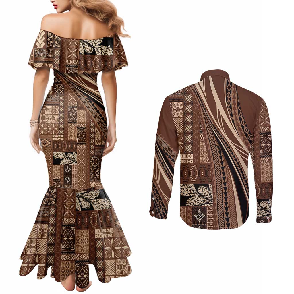 Pasifika Women's Day - Samoa Siapo Malu Tattoo Inspired Couples Matching Mermaid Dress and Long Sleeve Button Shirt Brown LT7 - Polynesian Pride