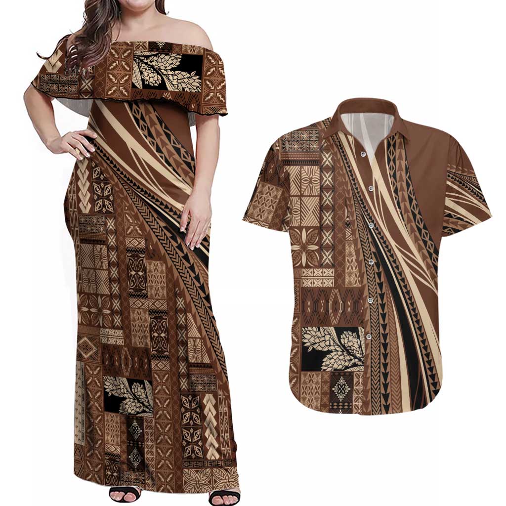 Pasifika Women's Day - Samoa Siapo Malu Tattoo Inspired Couples Matching Off Shoulder Maxi Dress and Hawaiian Shirt Brown LT7 Brown - Polynesian Pride