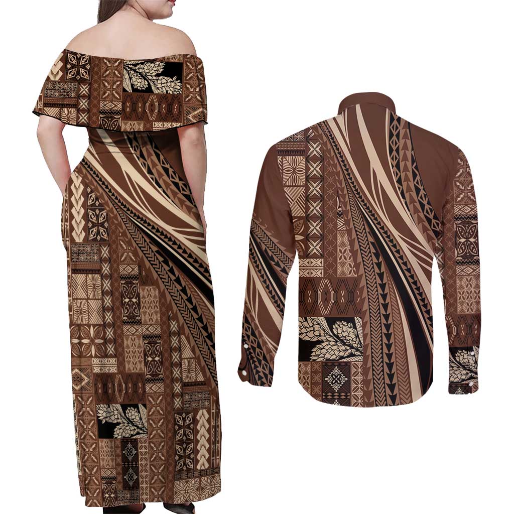 Pasifika Women's Day - Samoa Siapo Malu Tattoo Inspired Couples Matching Off Shoulder Maxi Dress and Long Sleeve Button Shirt Brown LT7 - Polynesian Pride