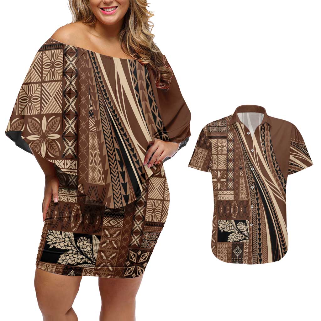 Pasifika Women's Day - Samoa Siapo Malu Tattoo Inspired Couples Matching Off Shoulder Short Dress and Hawaiian Shirt Brown LT7 Brown - Polynesian Pride