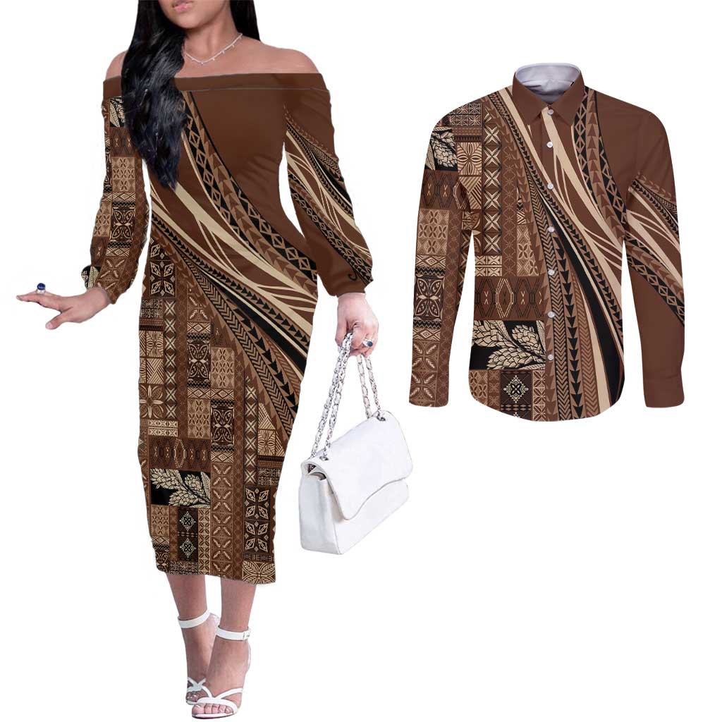 Pasifika Women's Day - Samoa Siapo Malu Tattoo Inspired Couples Matching Off The Shoulder Long Sleeve Dress and Long Sleeve Button Shirt Brown LT7 Brown - Polynesian Pride