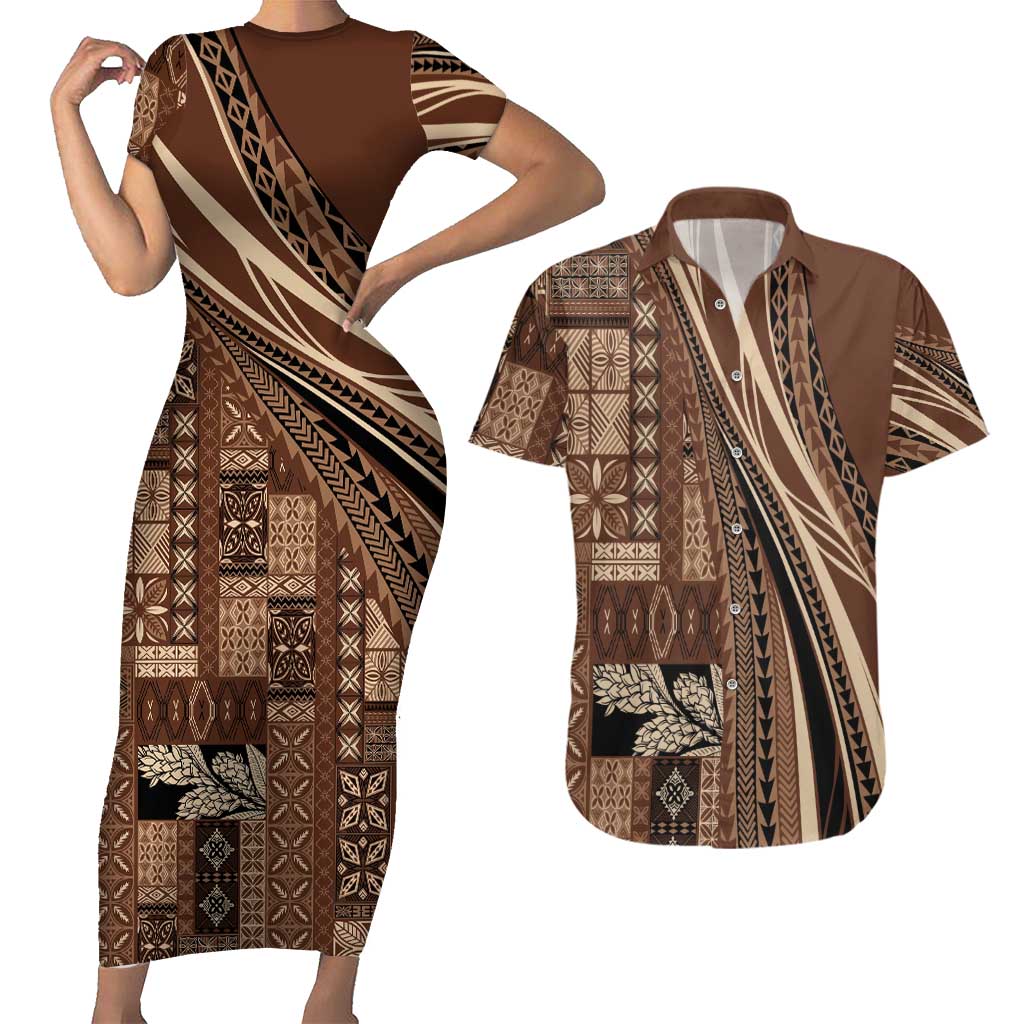 Pasifika Women's Day - Samoa Siapo Malu Tattoo Inspired Couples Matching Short Sleeve Bodycon Dress and Hawaiian Shirt Brown