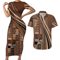 Pasifika Women's Day - Samoa Siapo Malu Tattoo Inspired Couples Matching Short Sleeve Bodycon Dress and Hawaiian Shirt Brown