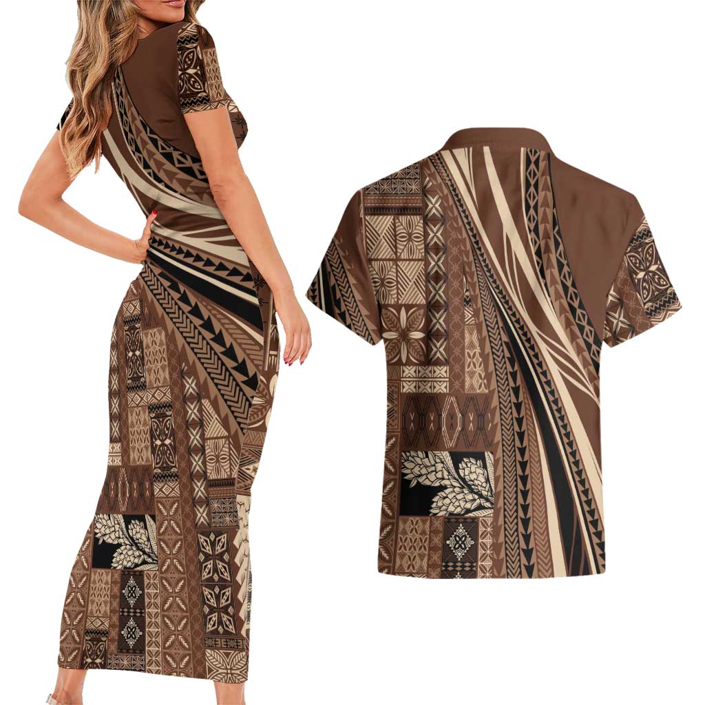 Pasifika Women's Day - Samoa Siapo Malu Tattoo Inspired Couples Matching Short Sleeve Bodycon Dress and Hawaiian Shirt Brown