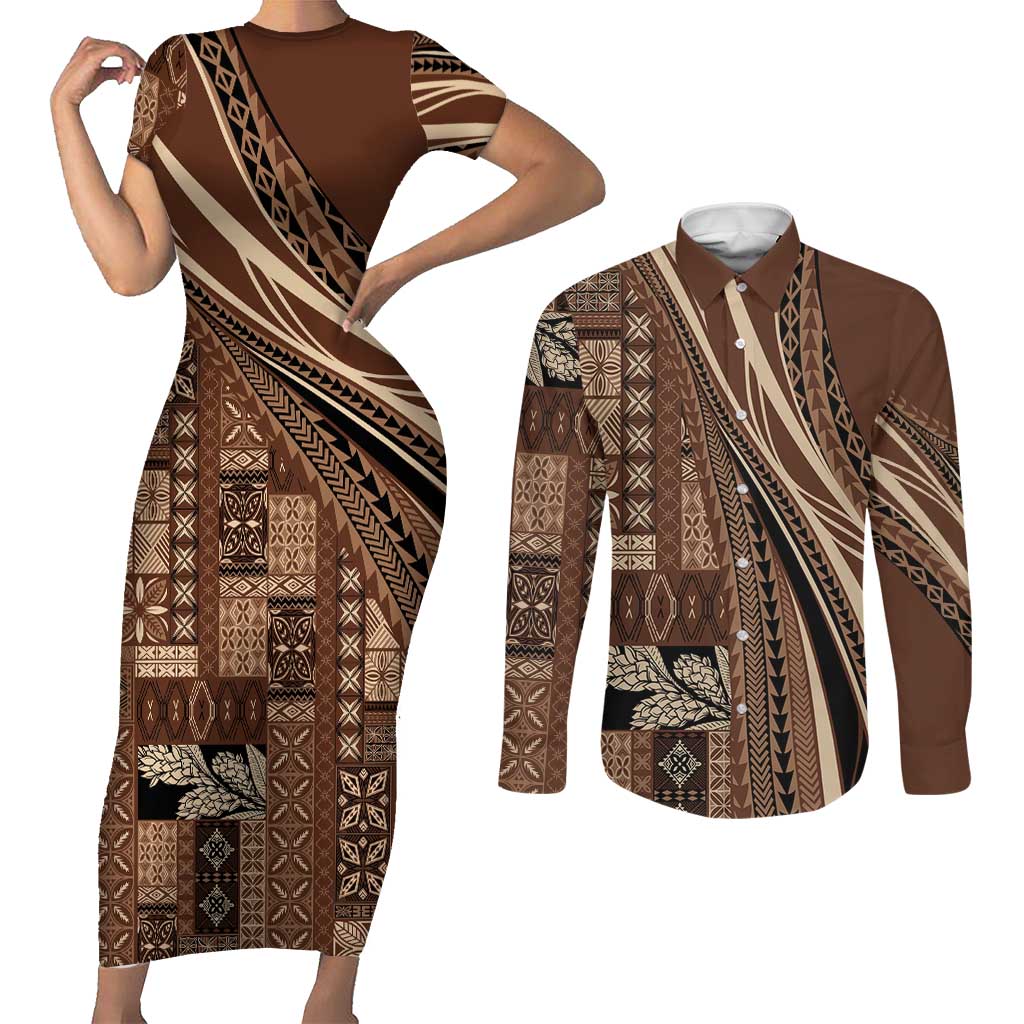 Pasifika Women's Day - Samoa Siapo Malu Tattoo Inspired Couples Matching Short Sleeve Bodycon Dress and Long Sleeve Button Shirt Brown LT7 Brown - Polynesian Pride