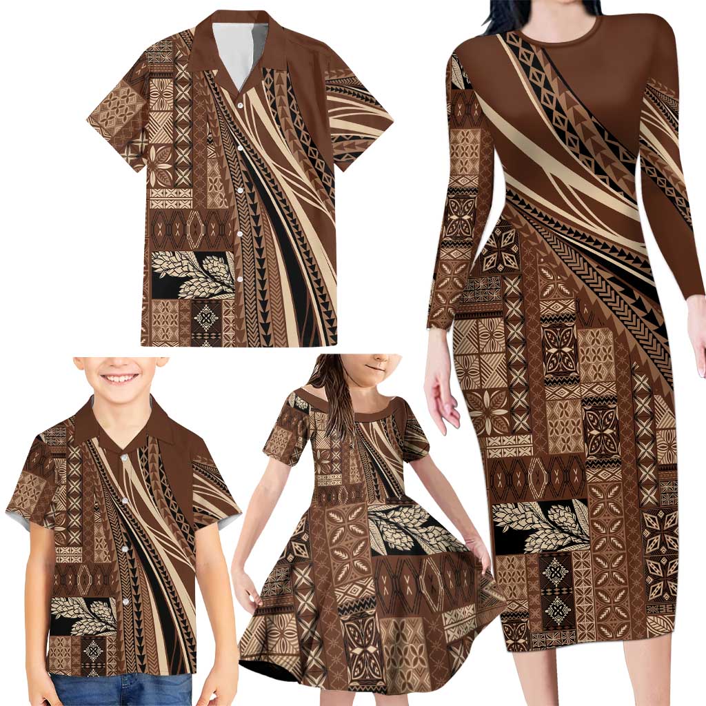 Pasifika Women's Day - Samoa Siapo Malu Tattoo Inspired Family Matching Long Sleeve Bodycon Dress and Hawaiian Shirt Brown