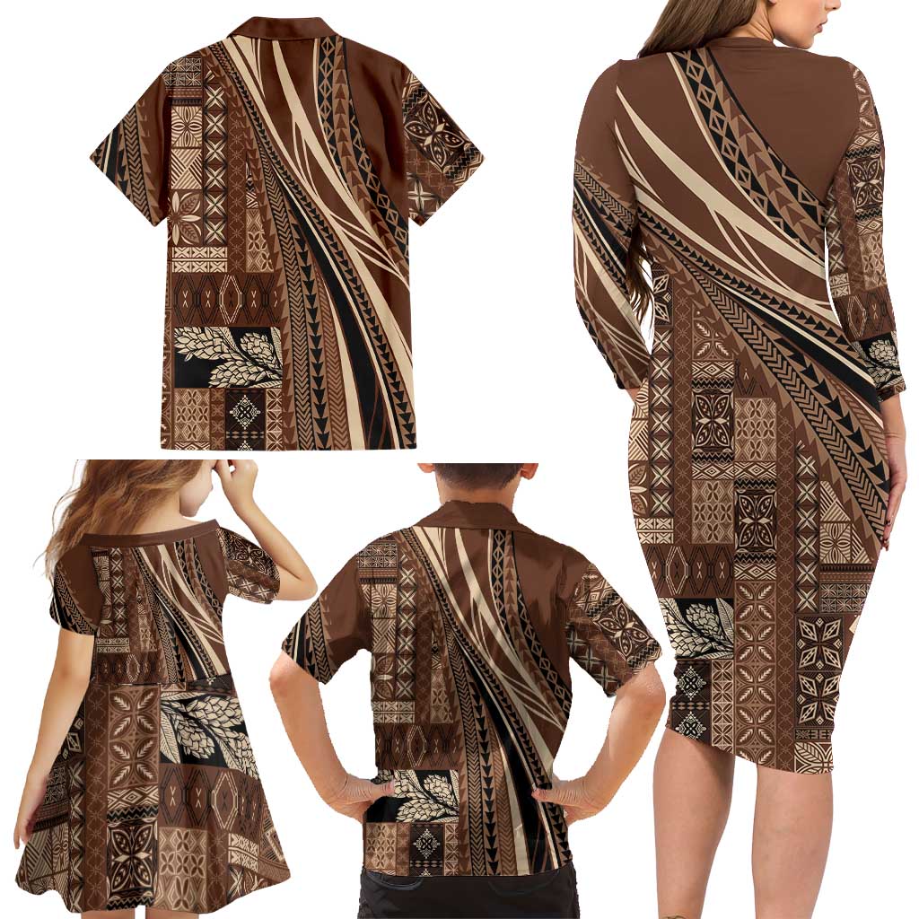 Pasifika Women's Day - Samoa Siapo Malu Tattoo Inspired Family Matching Long Sleeve Bodycon Dress and Hawaiian Shirt Brown