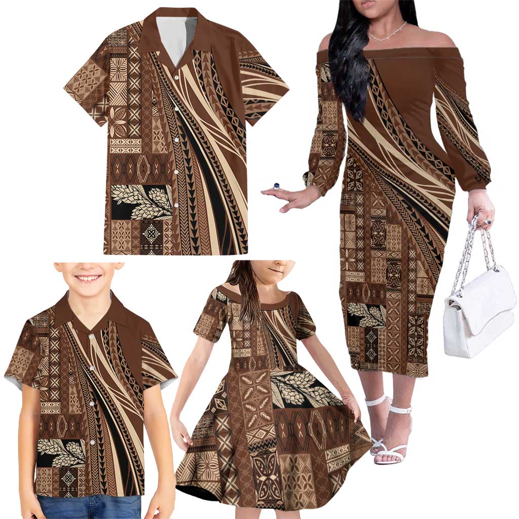 Pasifika Women's Day - Samoa Siapo Malu Tattoo Inspired Family Matching Off The Shoulder Long Sleeve Dress and Hawaiian Shirt Brown LT7 - Polynesian Pride