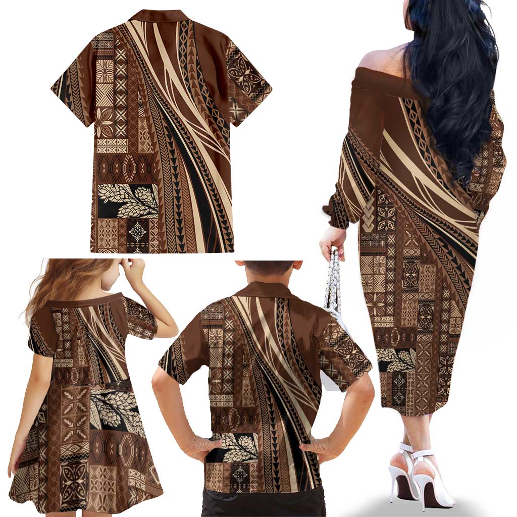 Pasifika Women's Day - Samoa Siapo Malu Tattoo Inspired Family Matching Off The Shoulder Long Sleeve Dress and Hawaiian Shirt Brown