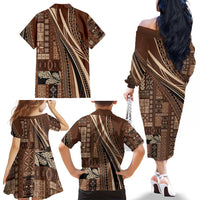 Pasifika Women's Day - Samoa Siapo Malu Tattoo Inspired Family Matching Off The Shoulder Long Sleeve Dress and Hawaiian Shirt Brown