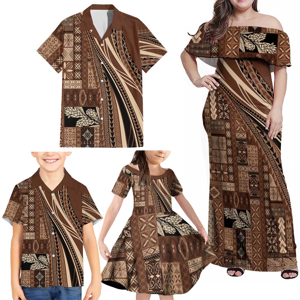 Pasifika Women's Day - Samoa Siapo Malu Tattoo Inspired Family Matching Off Shoulder Maxi Dress and Hawaiian Shirt Brown LT7 - Polynesian Pride