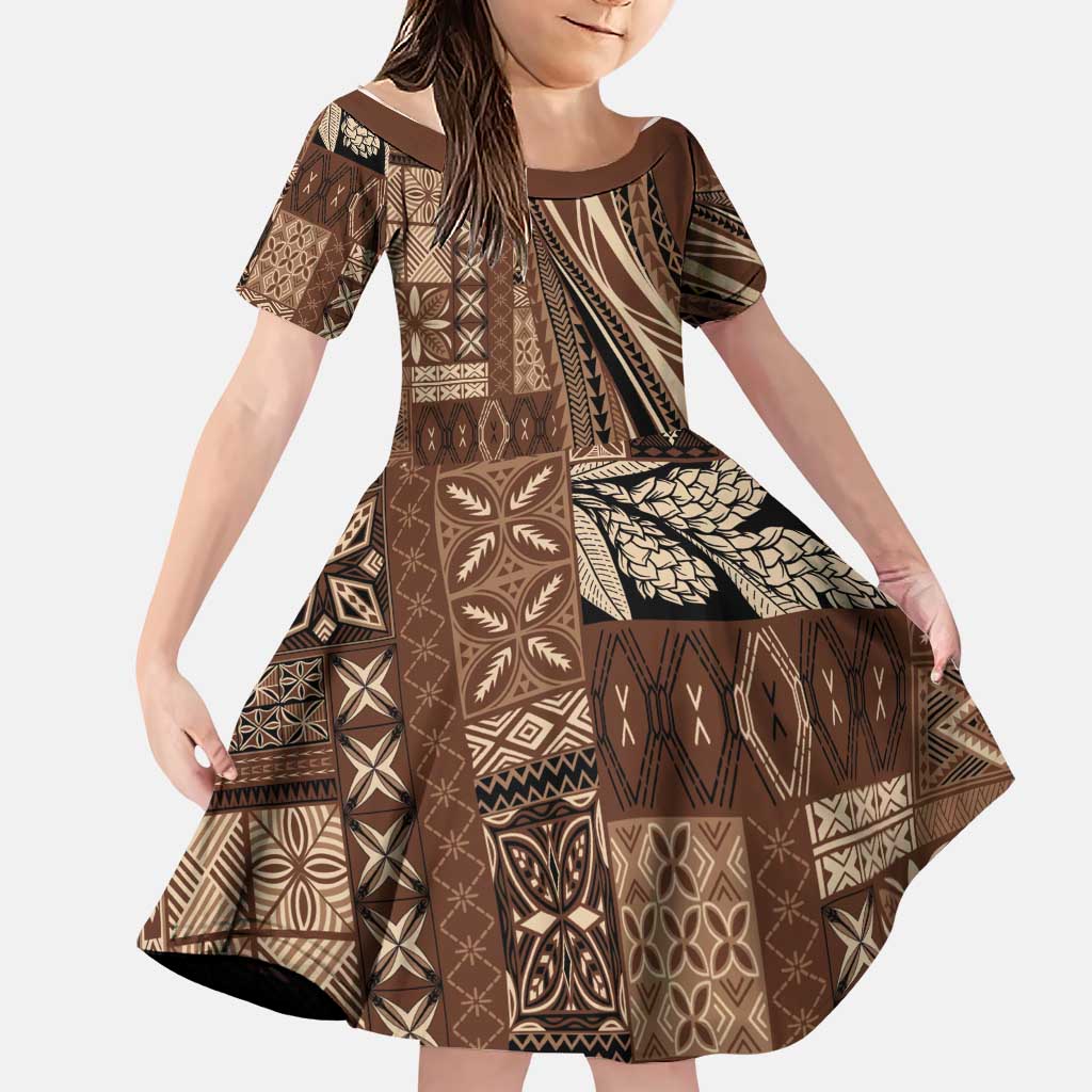 Pasifika Women's Day - Samoa Siapo Malu Tattoo Inspired Family Matching Off Shoulder Short Dress and Hawaiian Shirt Brown