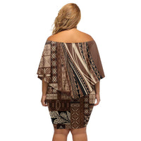 Pasifika Women's Day - Samoa Siapo Malu Tattoo Inspired Family Matching Off Shoulder Short Dress and Hawaiian Shirt Brown