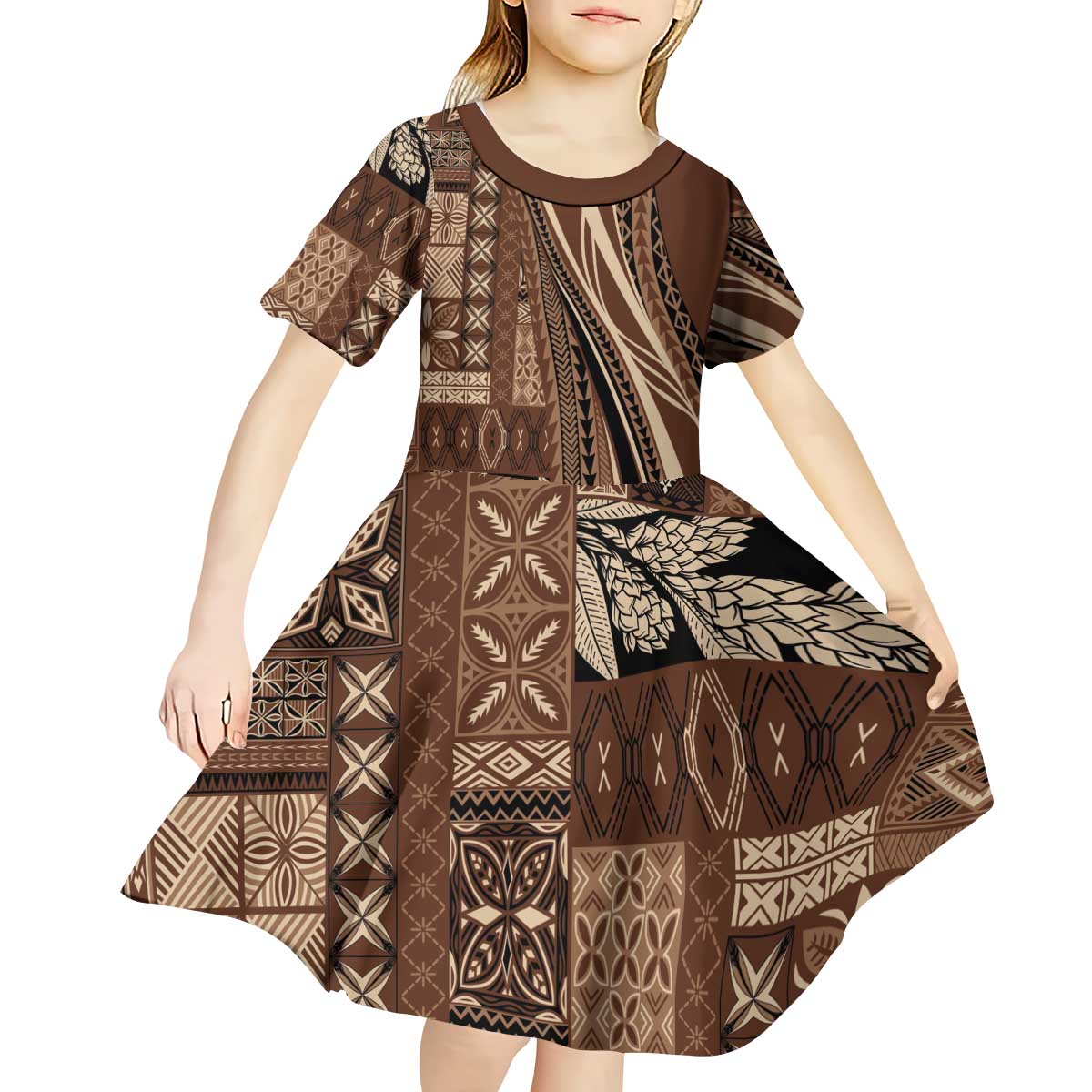 Pasifika Women's Day - Samoa Siapo Malu Tattoo Inspired Kid Short Sleeve Dress Brown LT7 - Polynesian Pride