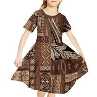 Pasifika Women's Day - Samoa Siapo Malu Tattoo Inspired Kid Short Sleeve Dress Brown LT7 - Polynesian Pride