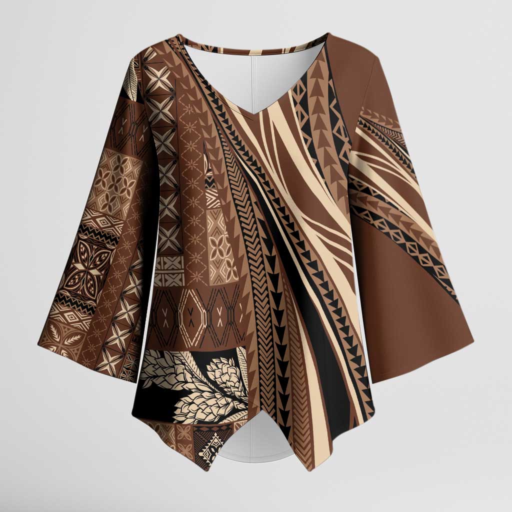 Pasifika Women's Day - Samoa Siapo Malu Tattoo Inspired Kimono Sleeve Blouse Brown LT7 Female Brown - Polynesian Pride