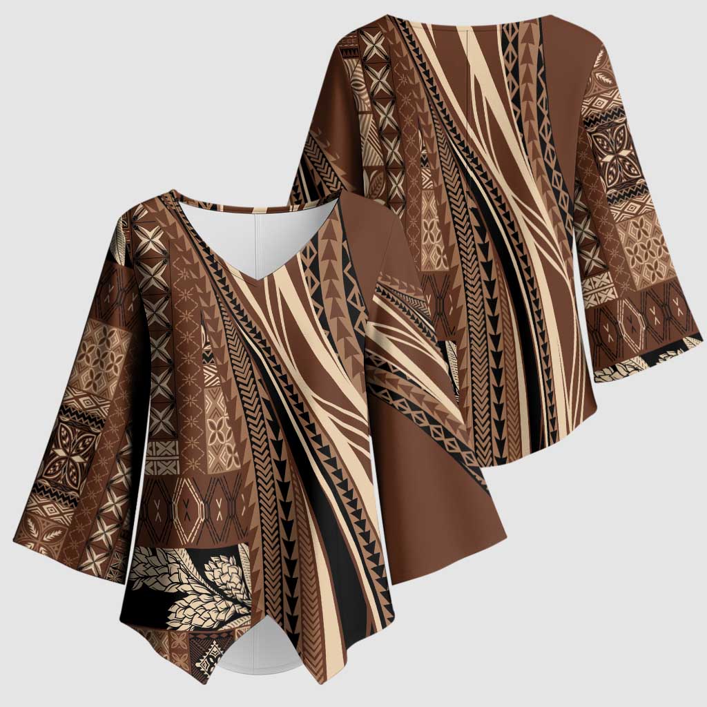 Pasifika Women's Day - Samoa Siapo Malu Tattoo Inspired Kimono Sleeve Blouse Brown LT7 - Polynesian Pride