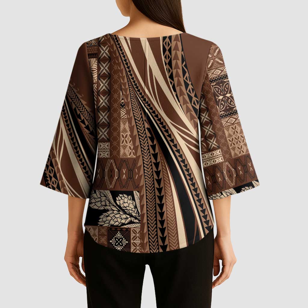 Pasifika Women's Day - Samoa Siapo Malu Tattoo Inspired Kimono Sleeve Blouse Brown LT7 - Polynesian Pride
