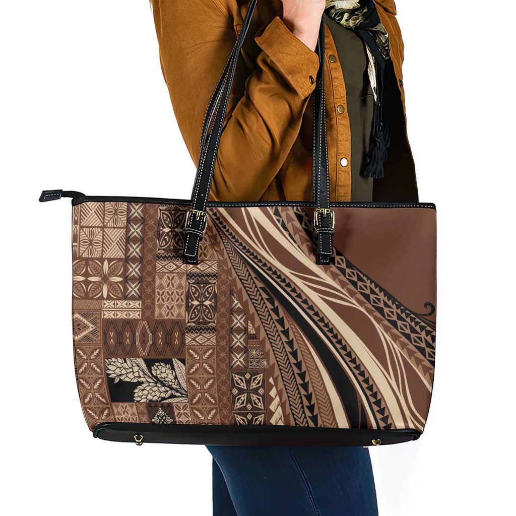 Pasifika Women's Day - Samoa Siapo Malu Tattoo Inspired Leather Tote Bag Brown LT7 - Polynesian Pride