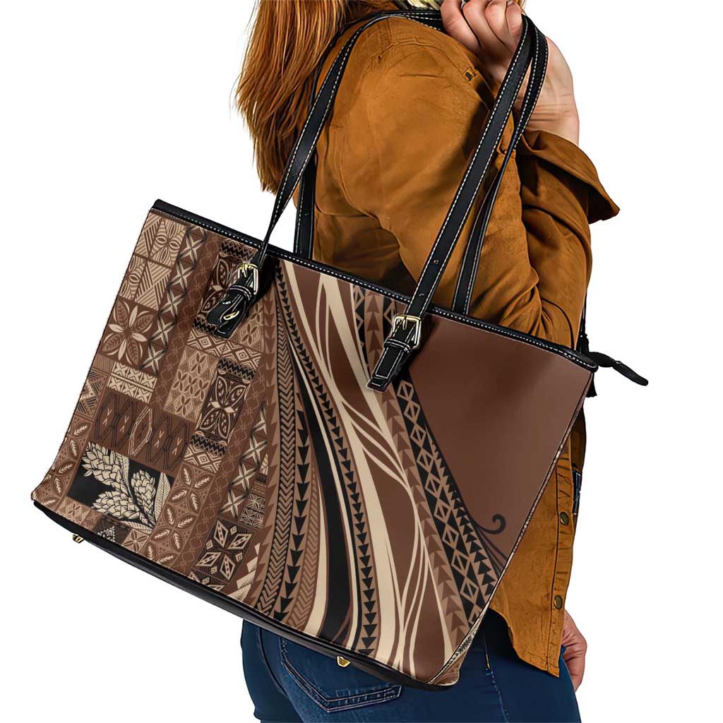 Pasifika Women's Day - Samoa Siapo Malu Tattoo Inspired Leather Tote Bag Brown LT7 - Polynesian Pride