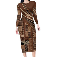 Pasifika Women's Day - Samoa Siapo Malu Tattoo Inspired Long Sleeve Bodycon Dress Brown LT7 Long Dress Brown - Polynesian Pride