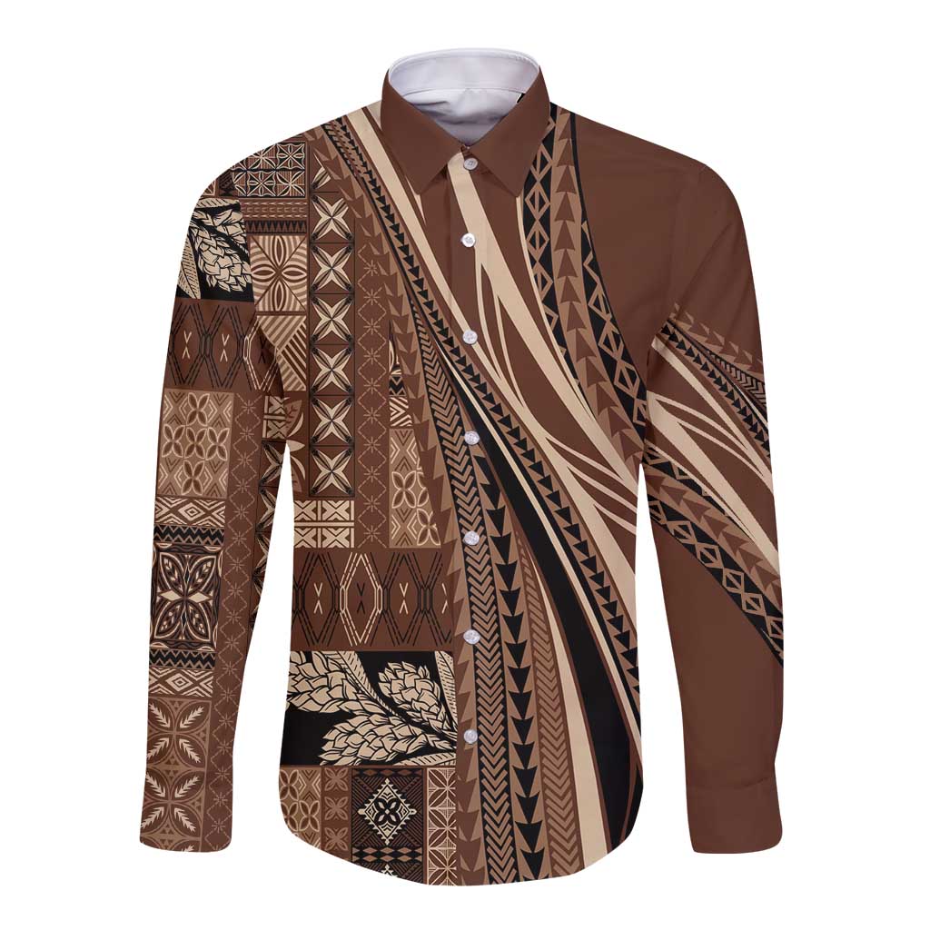 Pasifika Women's Day - Samoa Siapo Malu Tattoo Inspired Long Sleeve Button Shirt Brown LT7 Unisex Brown - Polynesian Pride