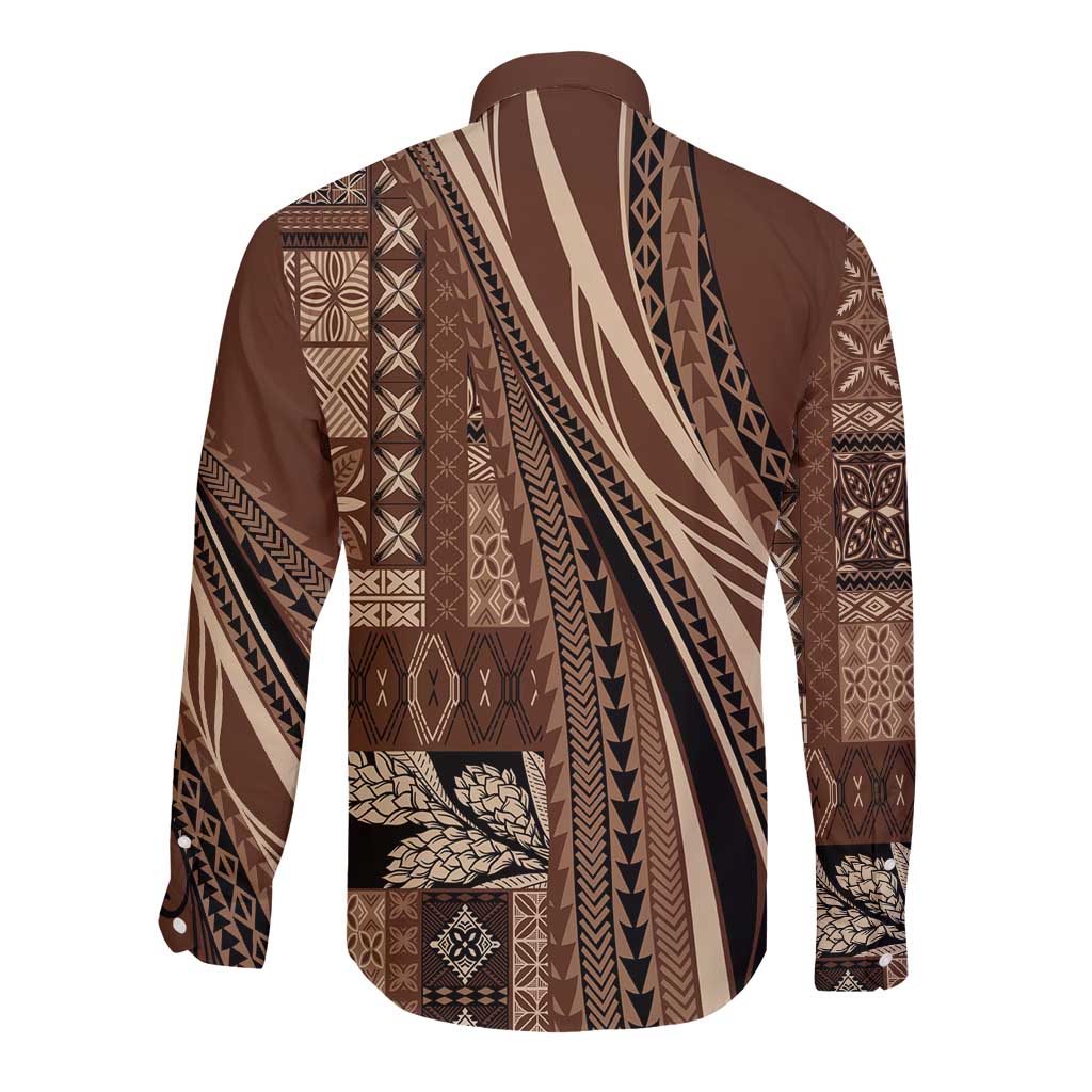 Pasifika Women's Day - Samoa Siapo Malu Tattoo Inspired Long Sleeve Button Shirt Brown LT7 - Polynesian Pride
