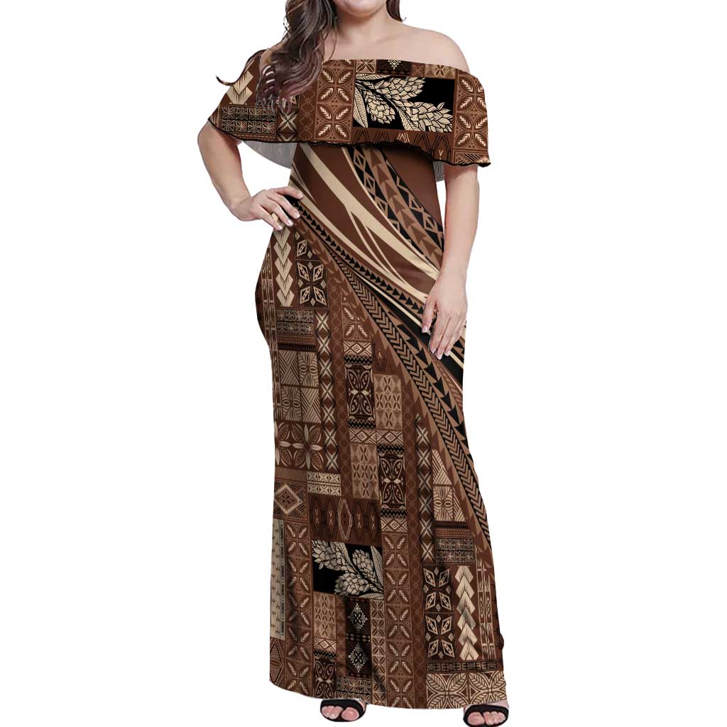 Pasifika Women's Day - Samoa Siapo Malu Tattoo Inspired Off Shoulder Maxi Dress Brown LT7 Women Brown - Polynesian Pride