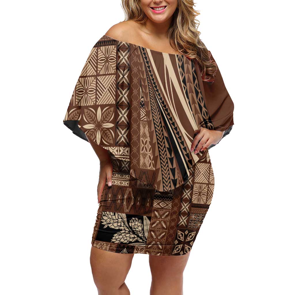 Pasifika Women's Day - Samoa Siapo Malu Tattoo Inspired Off Shoulder Short Dress Brown