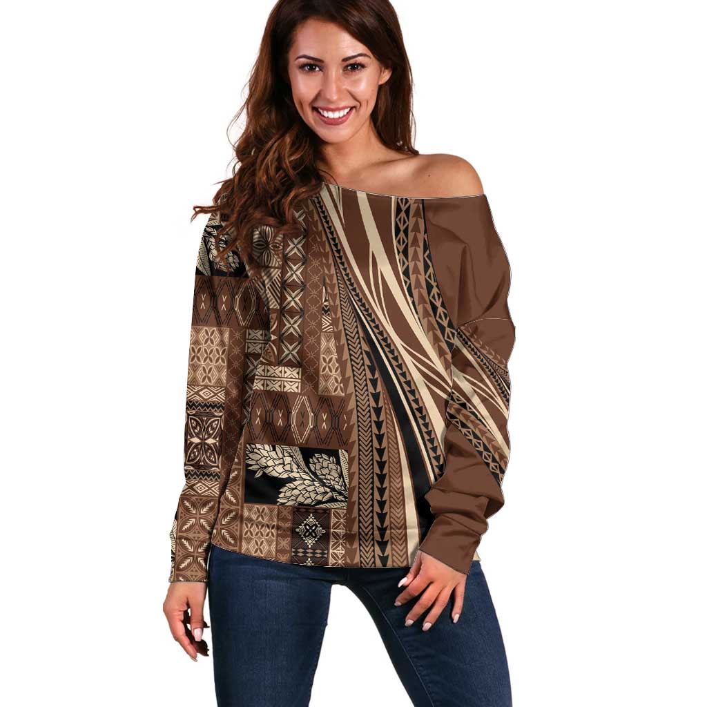 Pasifika Women's Day - Samoa Siapo Malu Tattoo Inspired Off Shoulder Sweater Brown LT7 Women Brown - Polynesian Pride