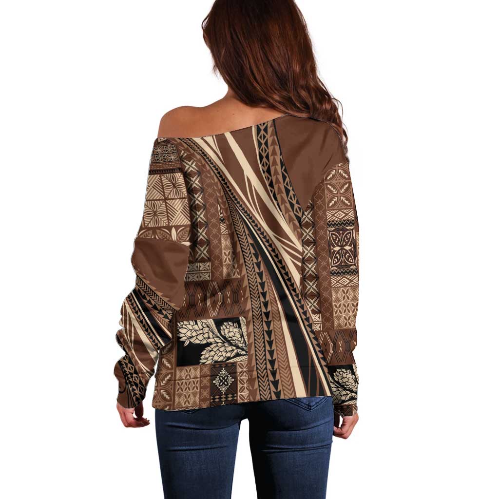Pasifika Women's Day - Samoa Siapo Malu Tattoo Inspired Off Shoulder Sweater Brown LT7 - Polynesian Pride