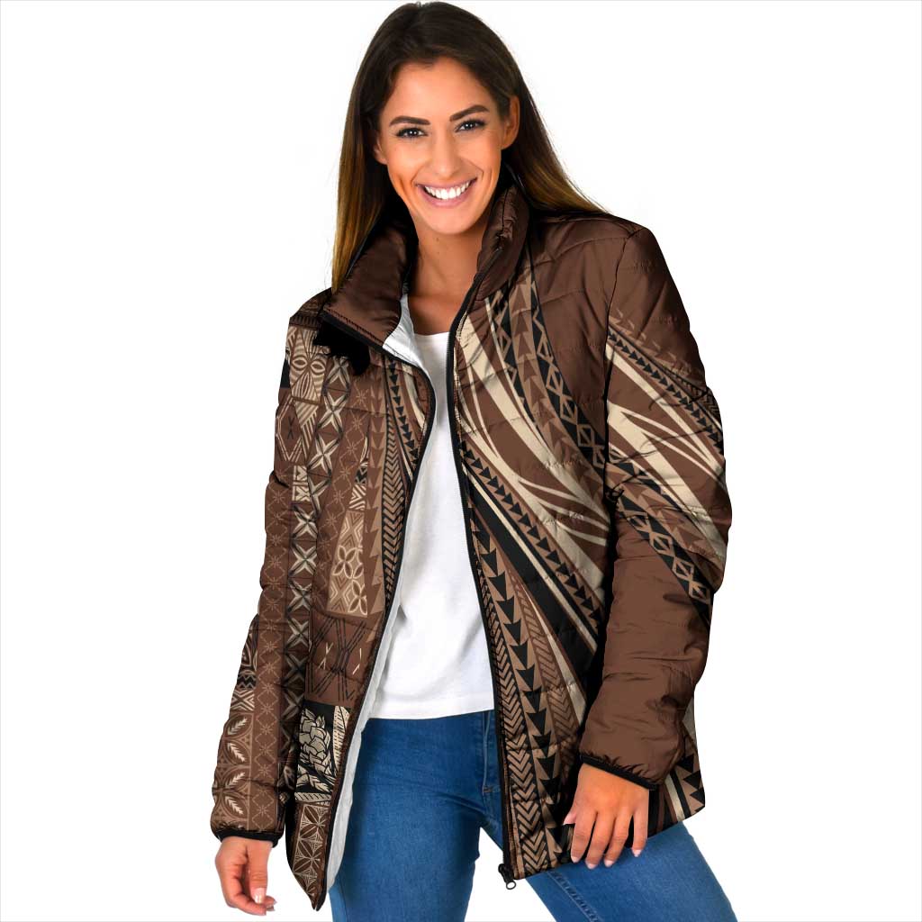 Pasifika Women's Day - Samoa Siapo Malu Tattoo Inspired Padded Jacket Brown LT7 Women Brown - Polynesian Pride