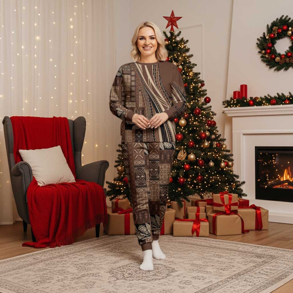 Pasifika Women's Day - Samoa Siapo Malu Tattoo Inspired Pajama Set Brown LT7 Women Brown - Polynesian Pride