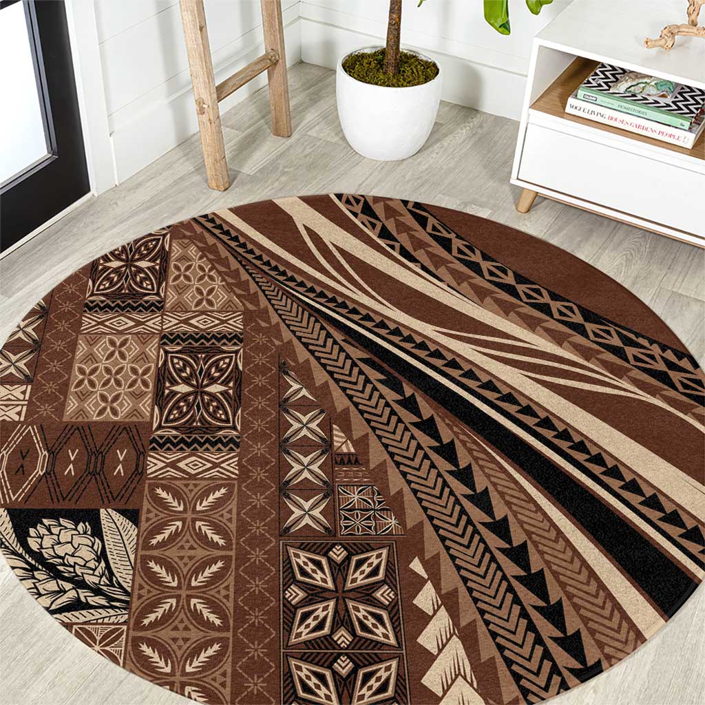 Pasifika Women's Day - Samoa Siapo Malu Tattoo Inspired Round Carpet Brown LT7 Brown - Polynesian Pride
