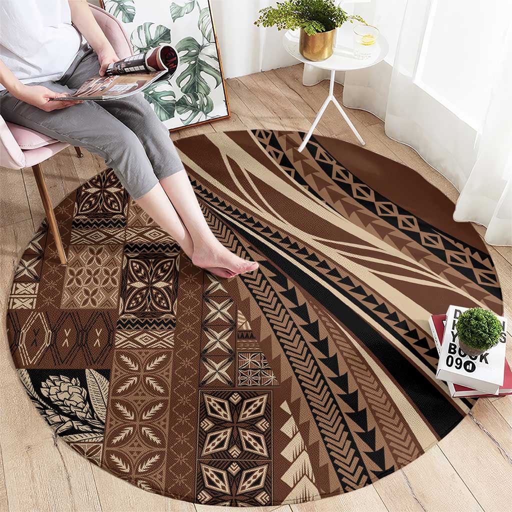 Pasifika Women's Day - Samoa Siapo Malu Tattoo Inspired Round Carpet Brown LT7 - Polynesian Pride