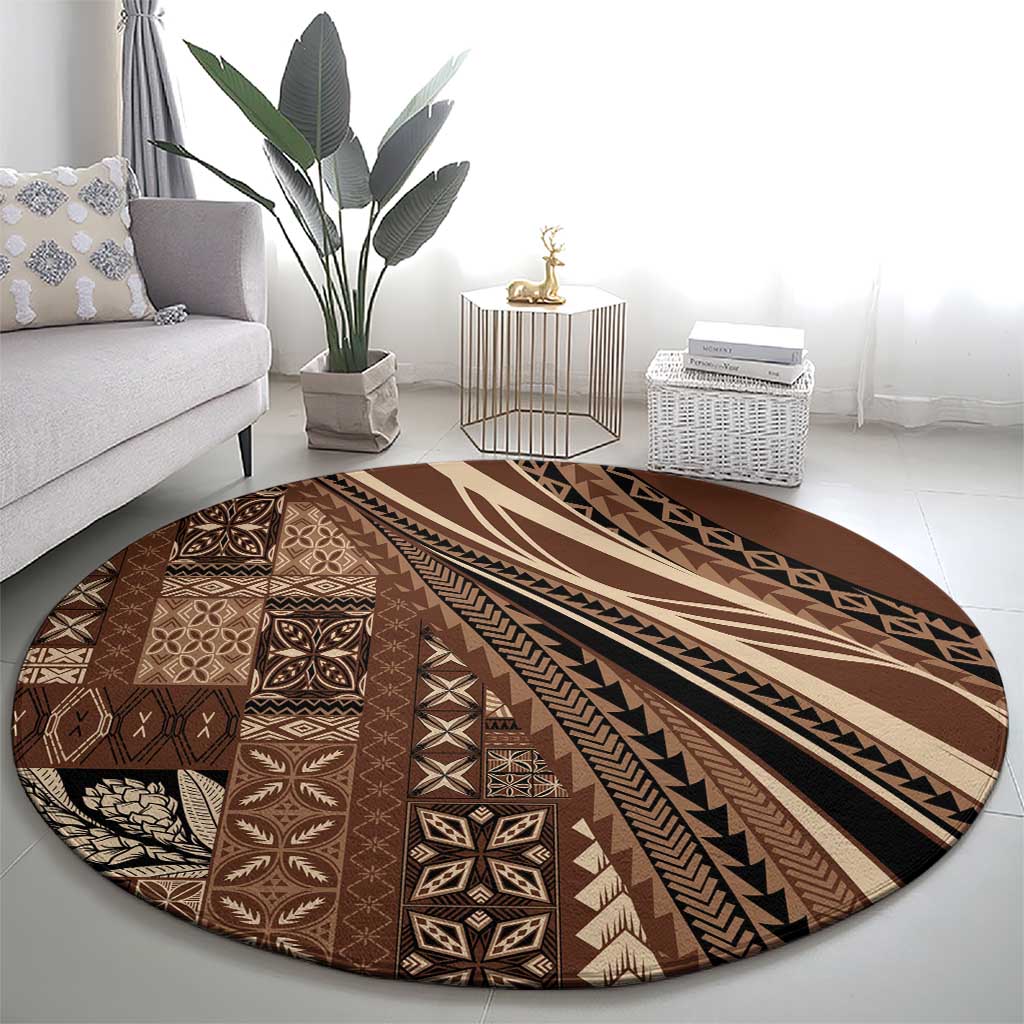 Pasifika Women's Day - Samoa Siapo Malu Tattoo Inspired Round Carpet Brown LT7 - Polynesian Pride
