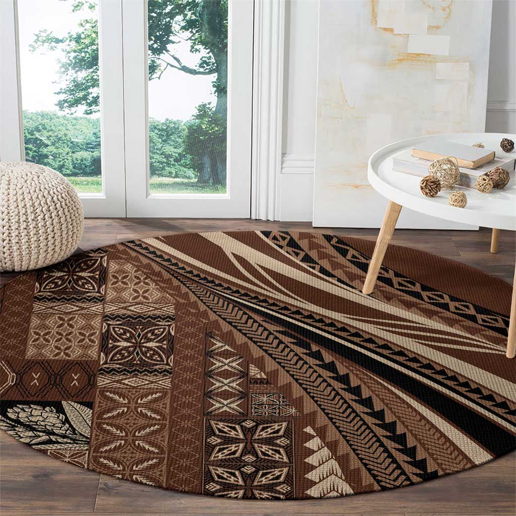 Pasifika Women's Day - Samoa Siapo Malu Tattoo Inspired Round Carpet Brown LT7 - Polynesian Pride