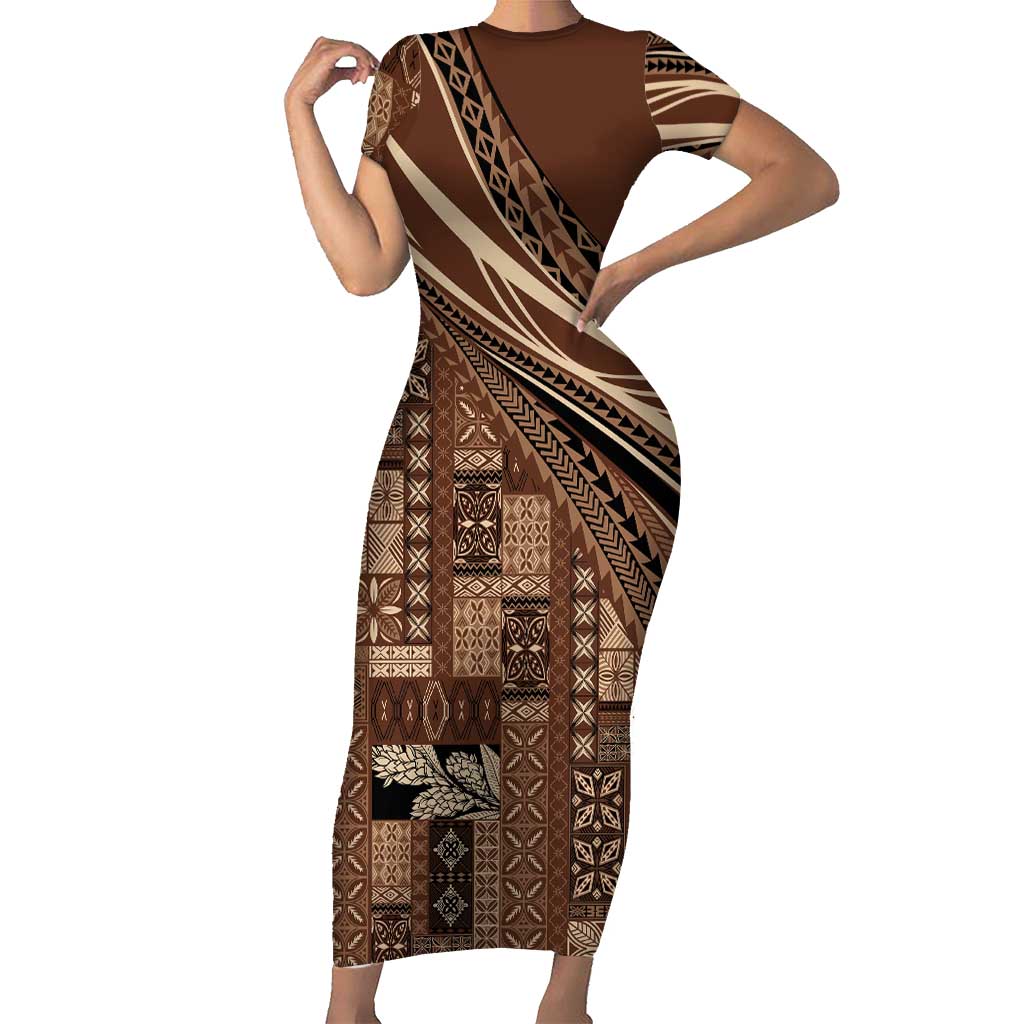 Pasifika Women's Day - Samoa Siapo Malu Tattoo Inspired Short Sleeve Bodycon Dress Brown LT7 Long Dress Brown - Polynesian Pride