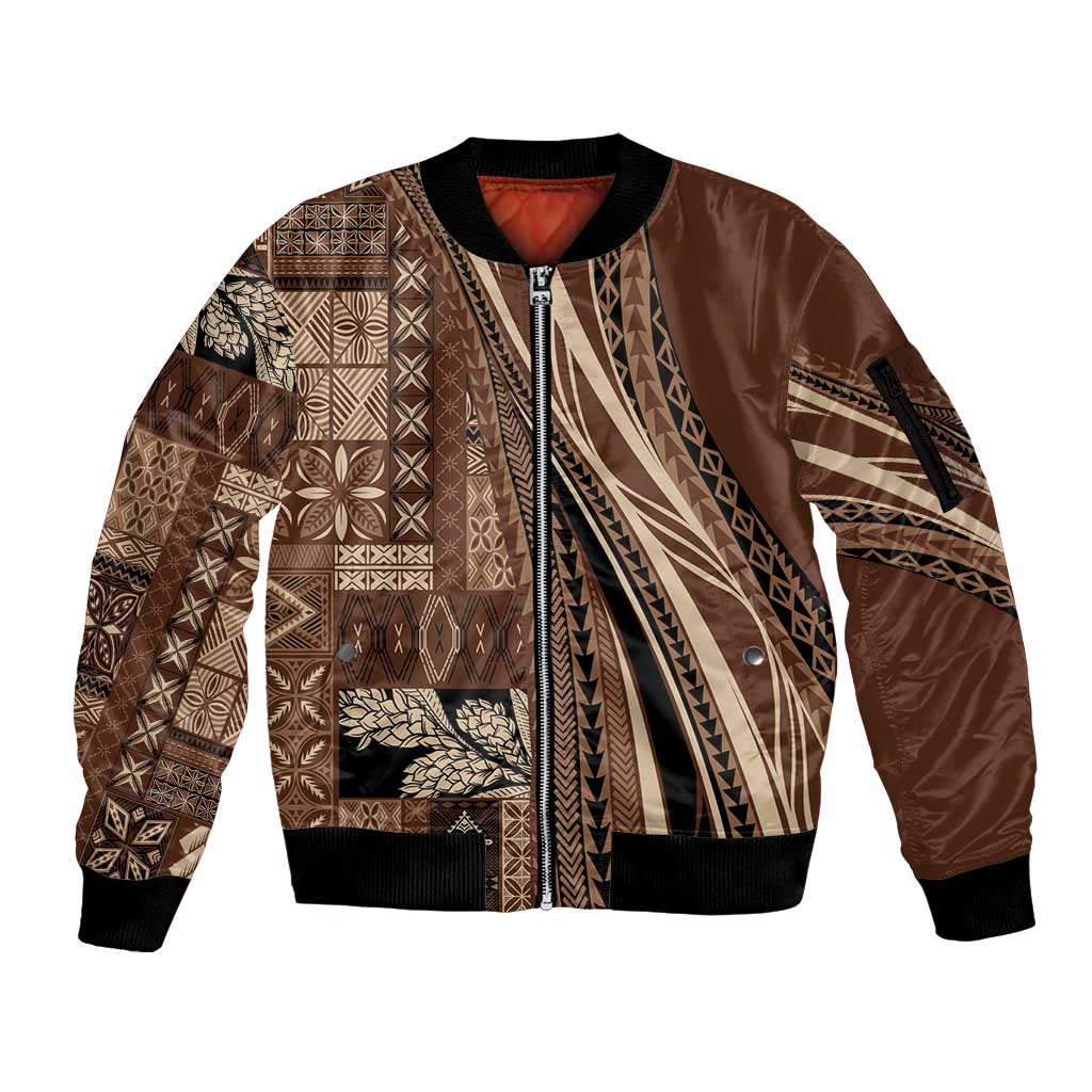Pasifika Women's Day - Samoa Siapo Malu Tattoo Inspired Sleeve Zip Bomber Jacket Brown LT7 Unisex Brown - Polynesian Pride