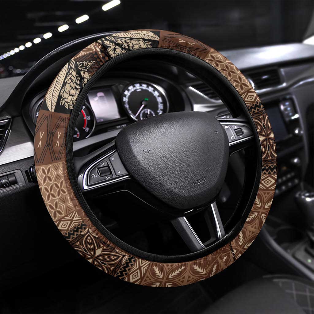 Pasifika Women's Day - Samoa Siapo Malu Tattoo Inspired Steering Wheel Cover Brown LT7 Universal Fit Brown - Polynesian Pride