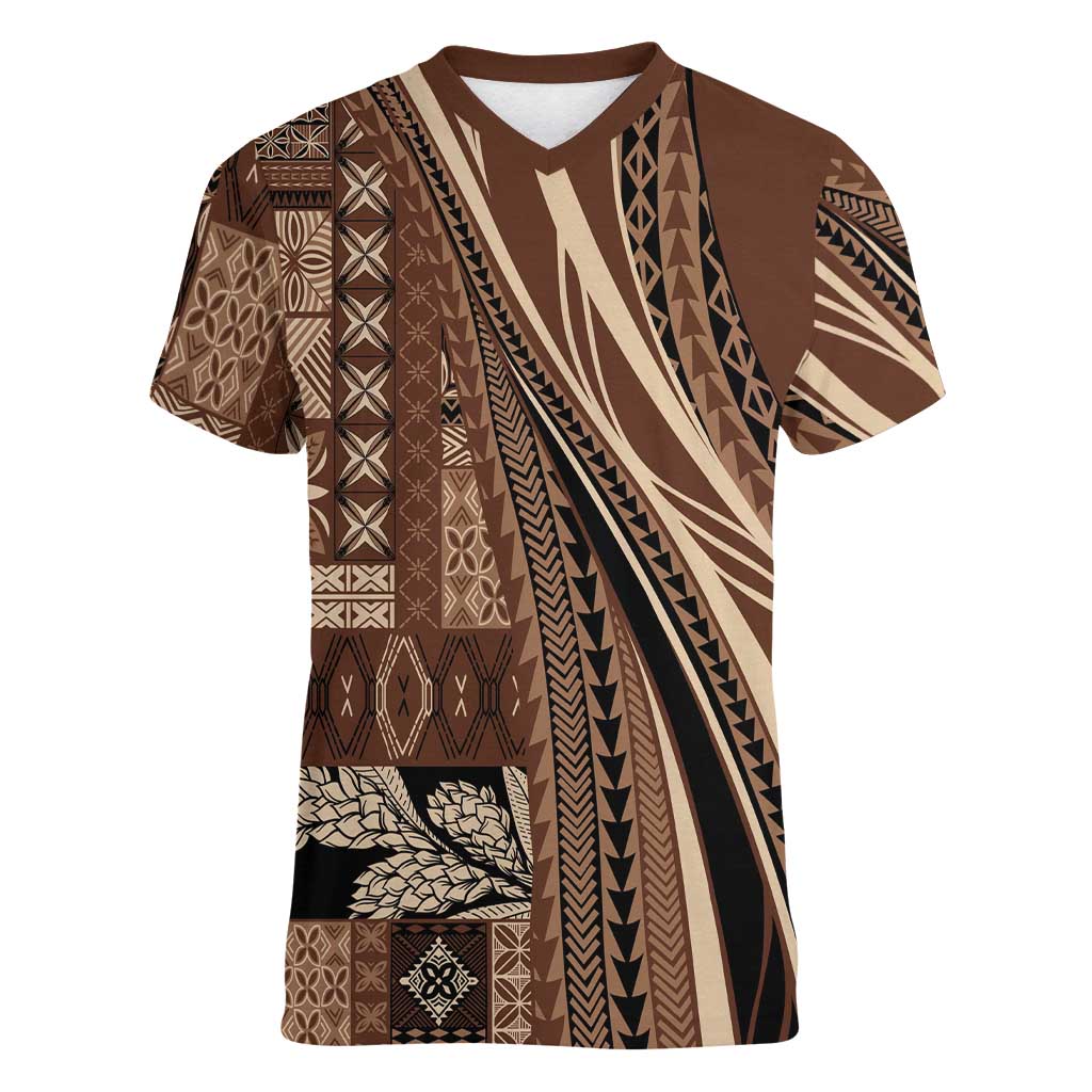 Pasifika Women's Day - Samoa Siapo Malu Tattoo Inspired Women V-Neck T-Shirt Brown LT7 Female Brown - Polynesian Pride