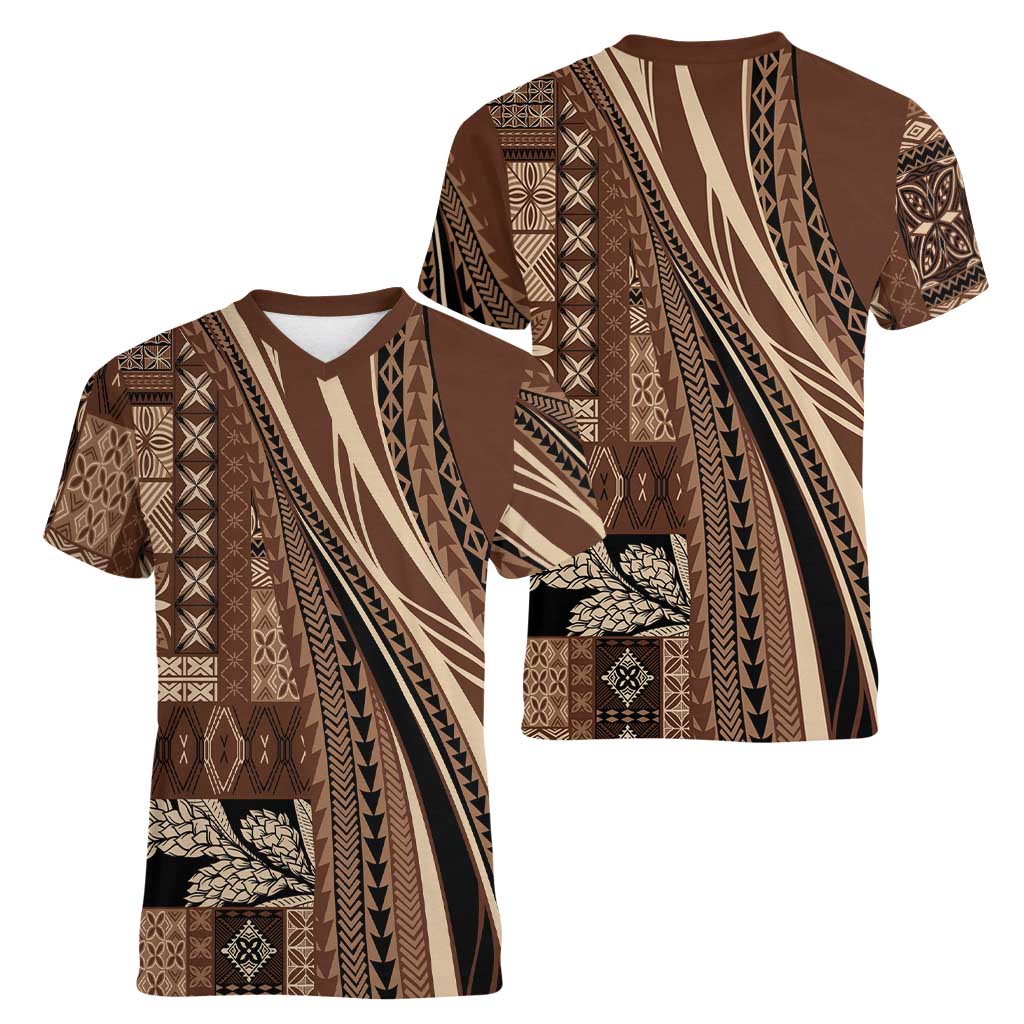 Pasifika Women's Day - Samoa Siapo Malu Tattoo Inspired Women V-Neck T-Shirt Brown LT7 - Polynesian Pride