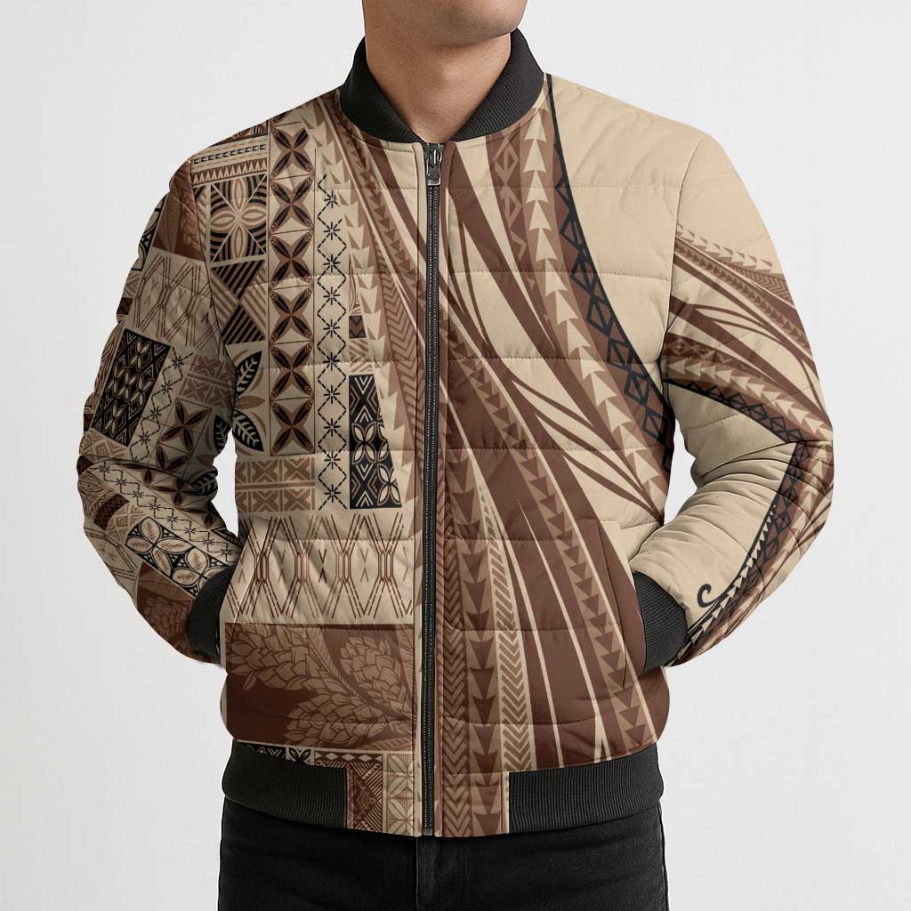 Pasifika Women's Day - Samoa Siapo Malu Tattoo Inspired Bomber Puffer Jacket Beige LT7 - Polynesian Pride