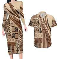 Pasifika Women's Day - Samoa Siapo Malu Tattoo Inspired Couples Matching Long Sleeve Bodycon Dress and Hawaiian Shirt Beige